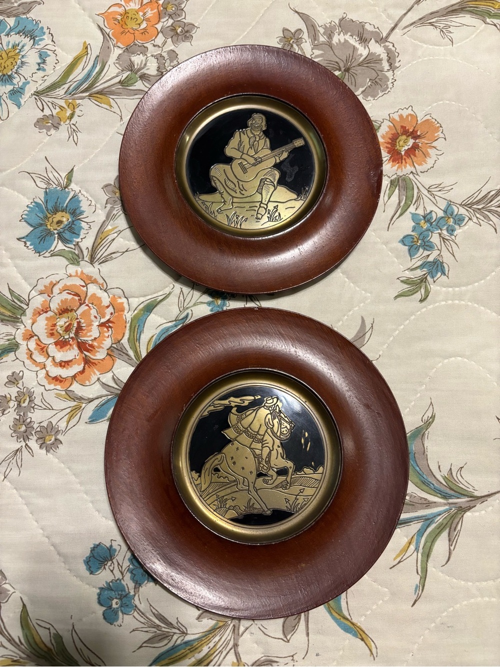 Vintage wood, brass, enamel plaques
